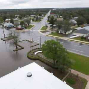 Flooded streets in Conway, South Carolina with evacuation signs