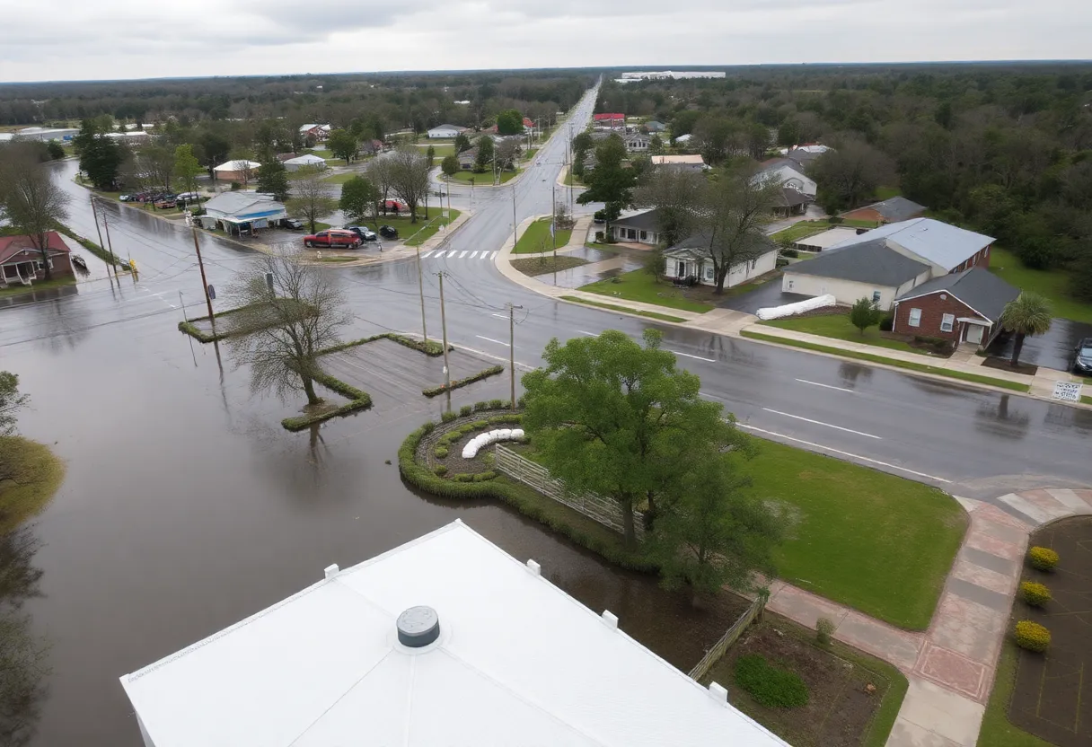 Flooded streets in Conway, South Carolina with evacuation signs