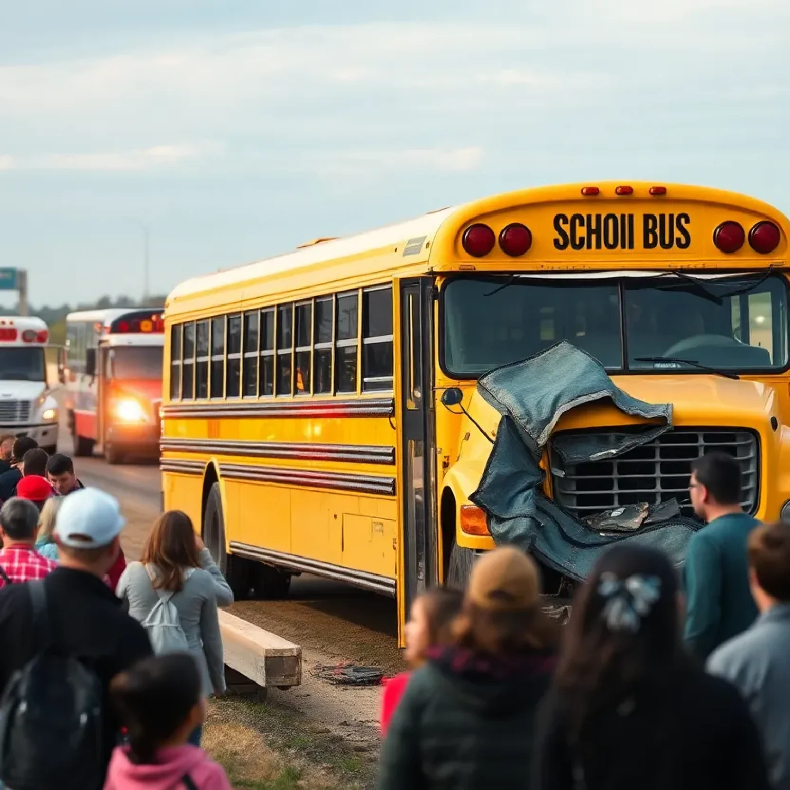 Scene of the Florence County school bus crash with emergency response vehicles and concerned community members.
