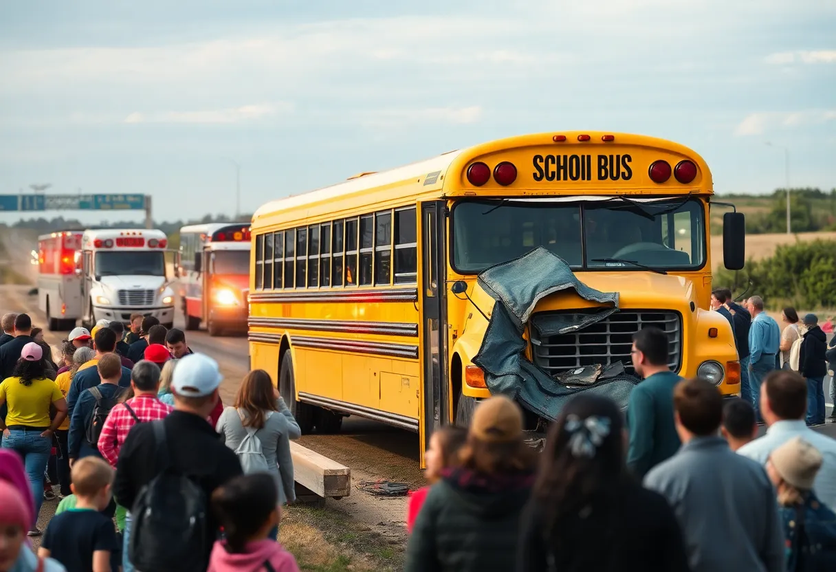 Scene of the Florence County school bus crash with emergency response vehicles and concerned community members.