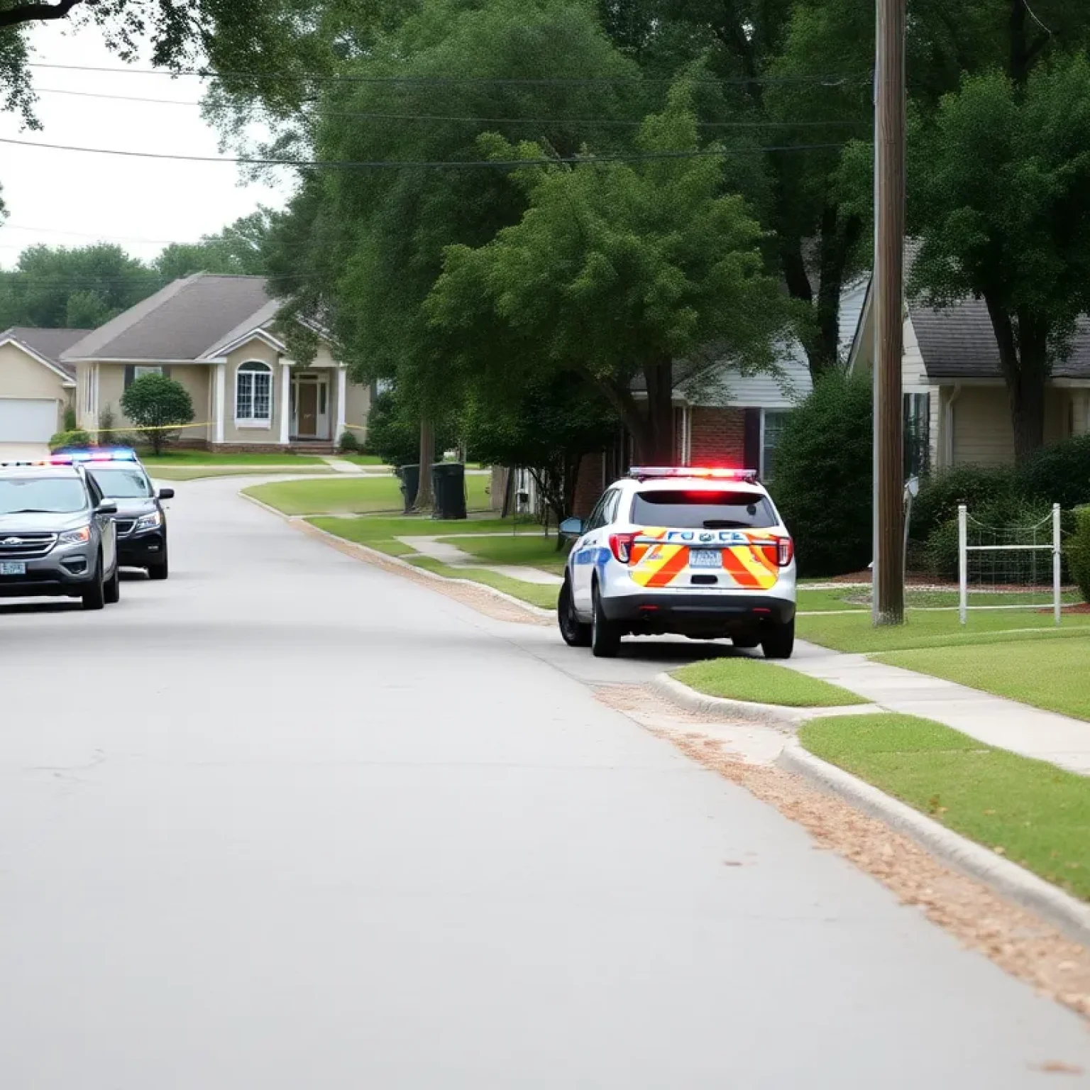 Scene of law enforcement vehicles outside a house in Florence County after a shooting incident.