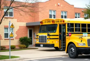 Exterior view of West Florence High School showing caution signs