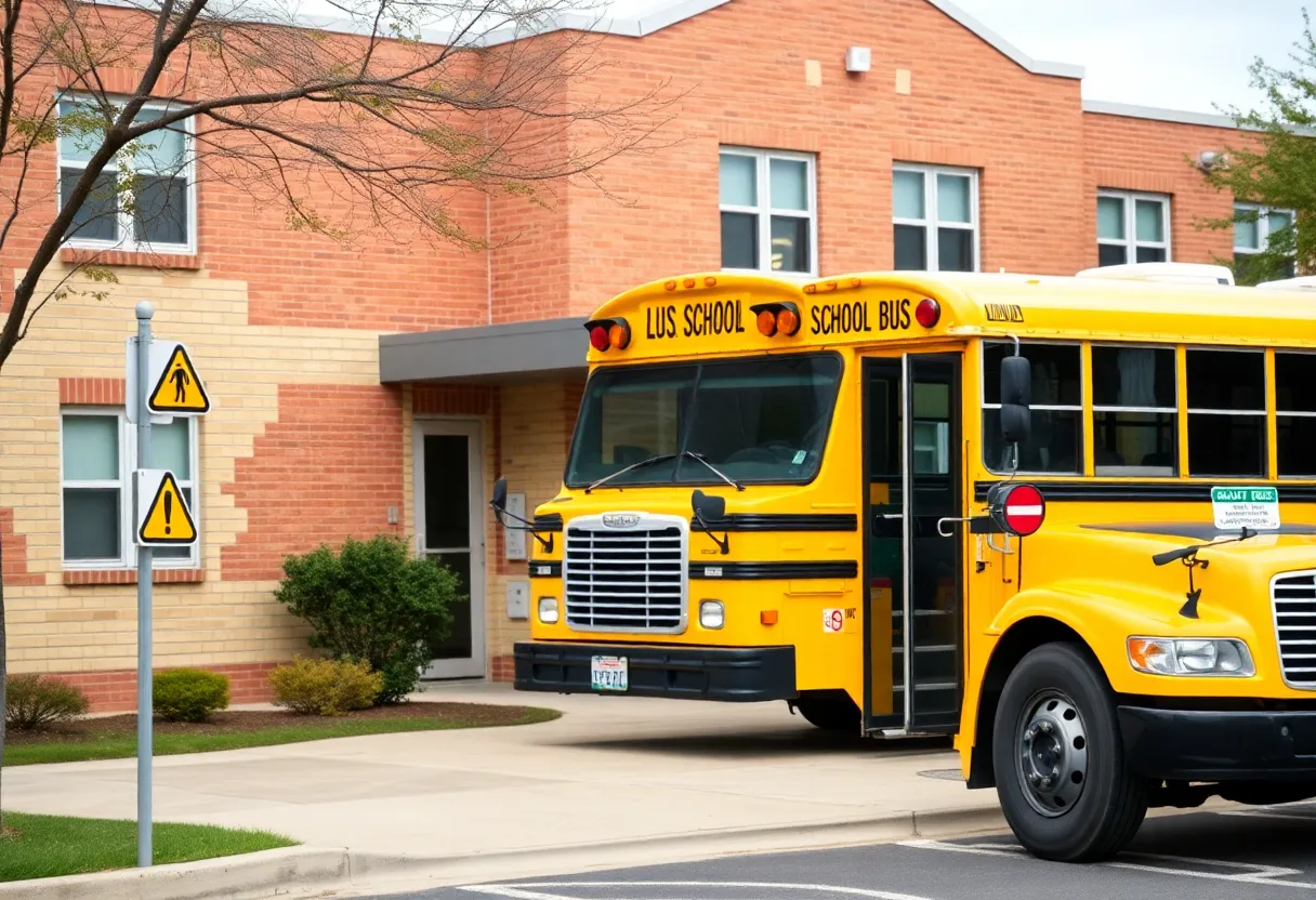 Exterior view of West Florence High School showing caution signs