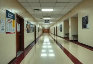 Empty high school corridor reflecting recent odor incident