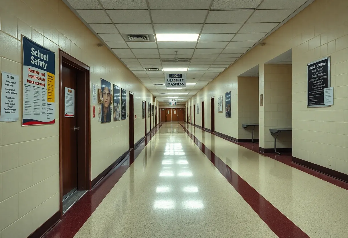 Empty high school corridor reflecting recent odor incident