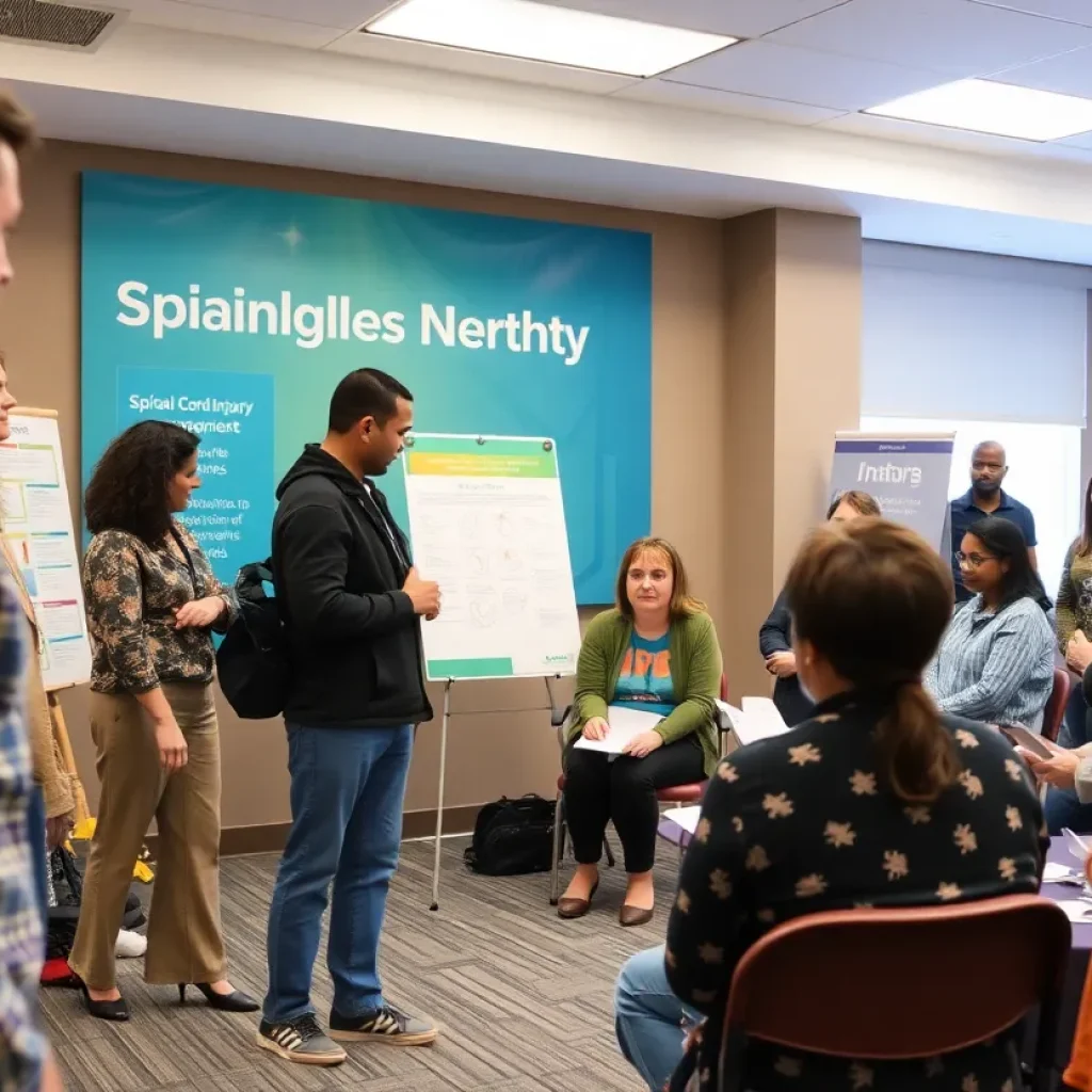 Participants discussing spinal cord injury awareness at a community meeting
