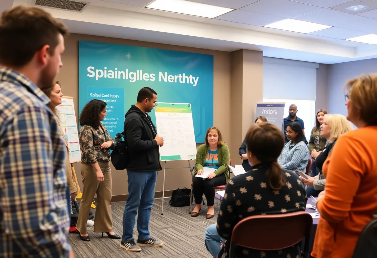 Participants discussing spinal cord injury awareness at a community meeting