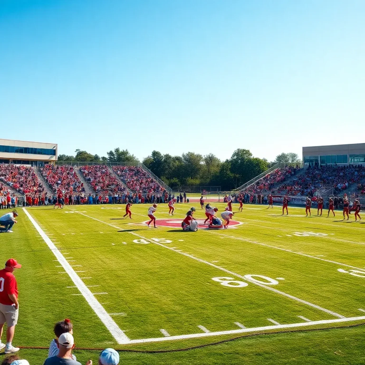 Action shot of high school football teams competing on a field