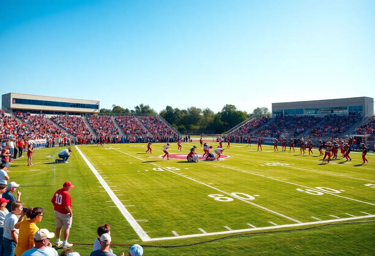 Action shot of high school football teams competing on a field