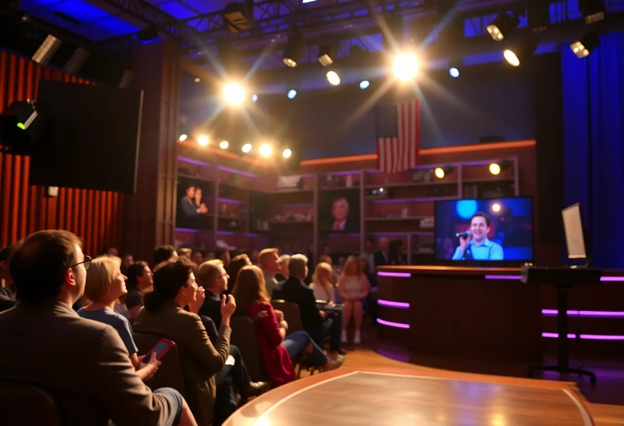 Late night television studio with bright lights