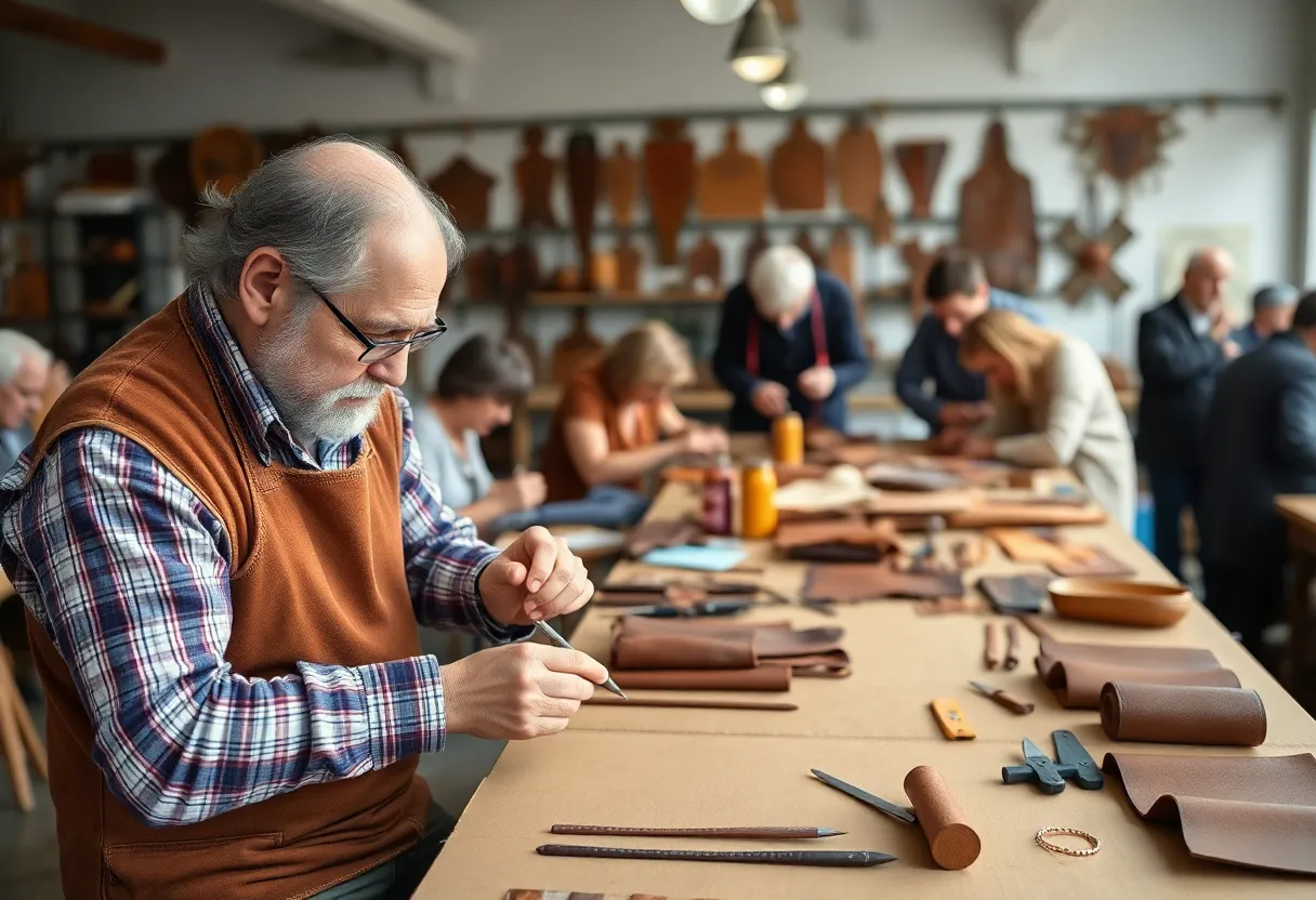 Participants learning leathercraft at a workshop in Florence