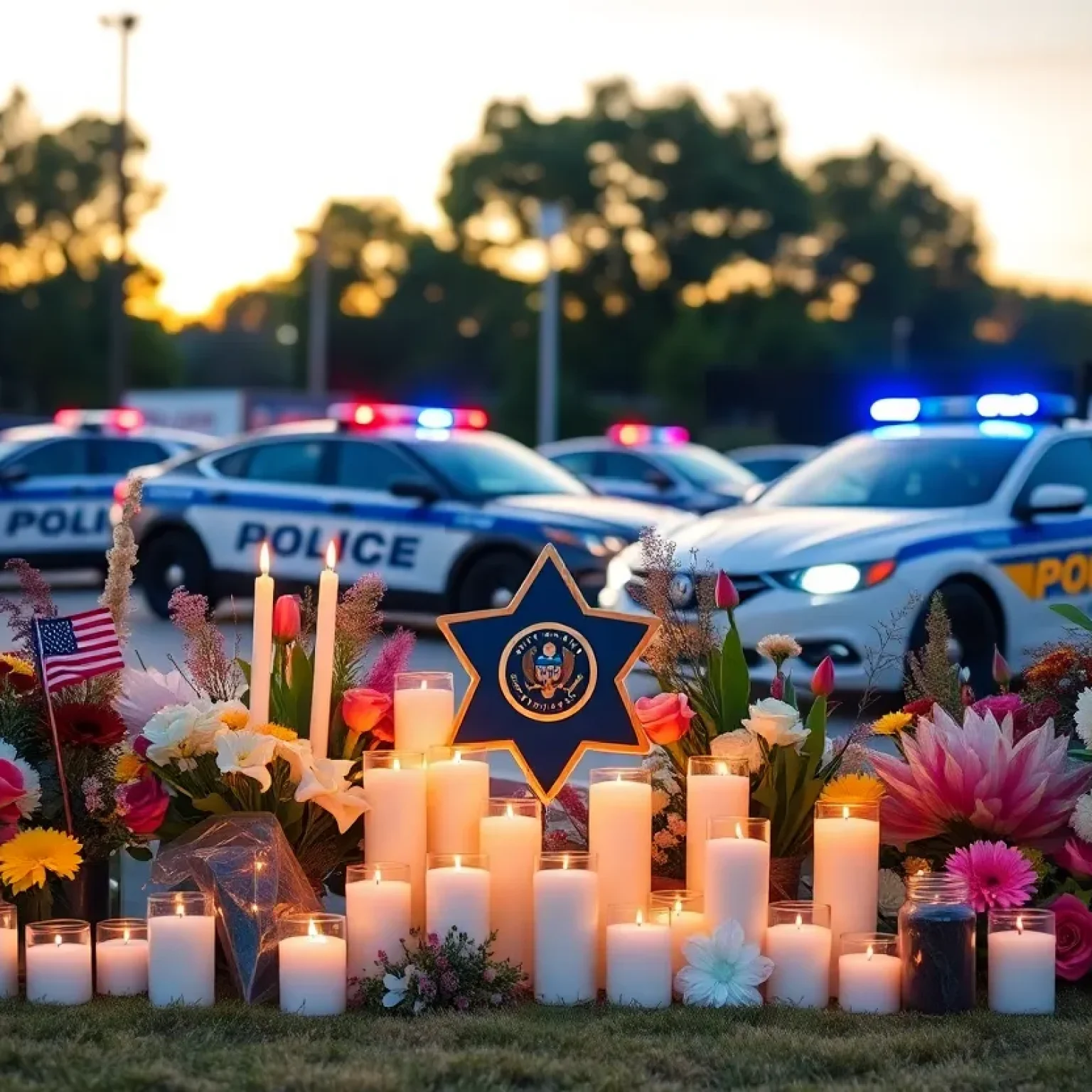 Memorial for fallen law enforcement officer with candles and flowers.