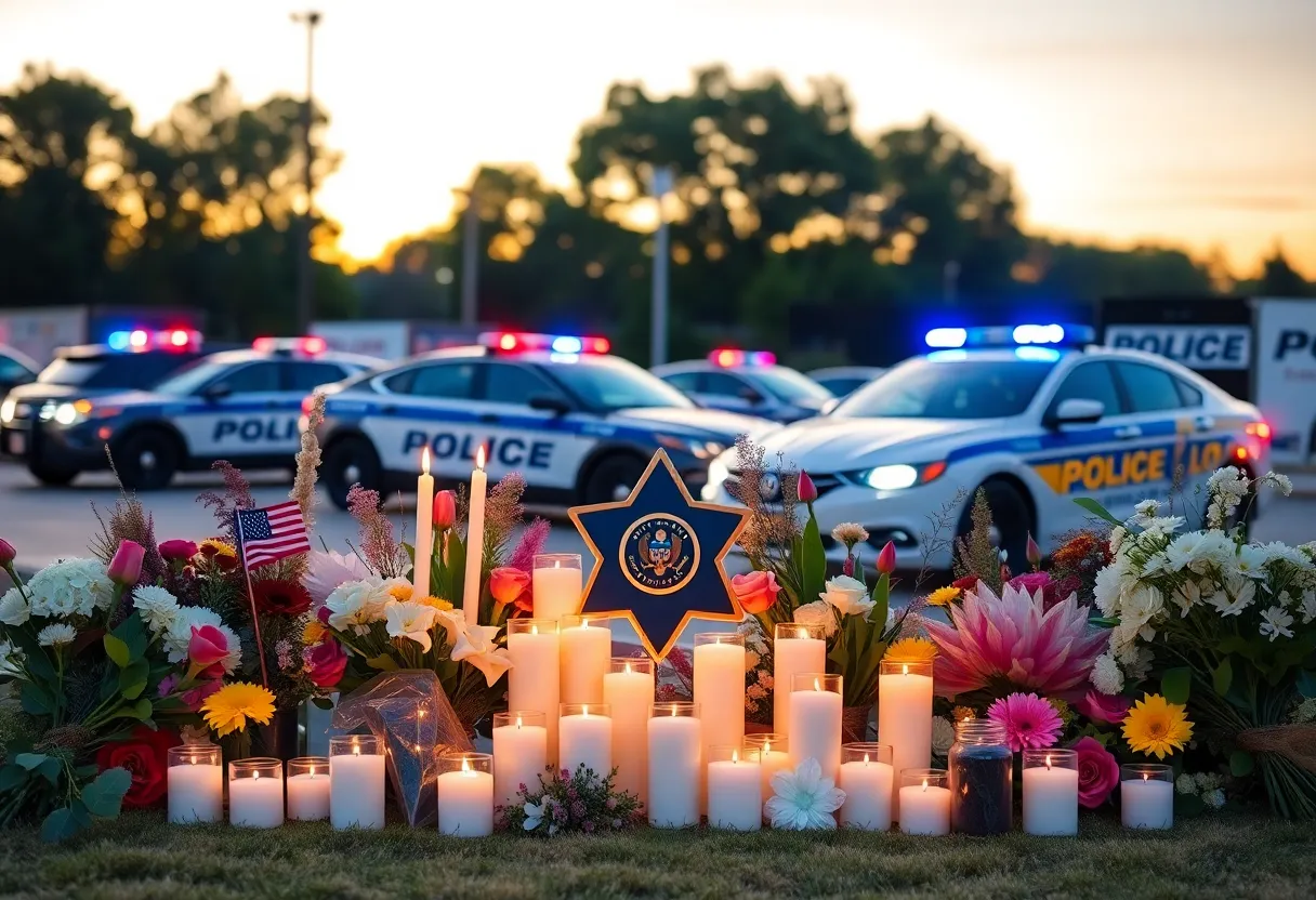 Memorial for fallen law enforcement officer with candles and flowers.