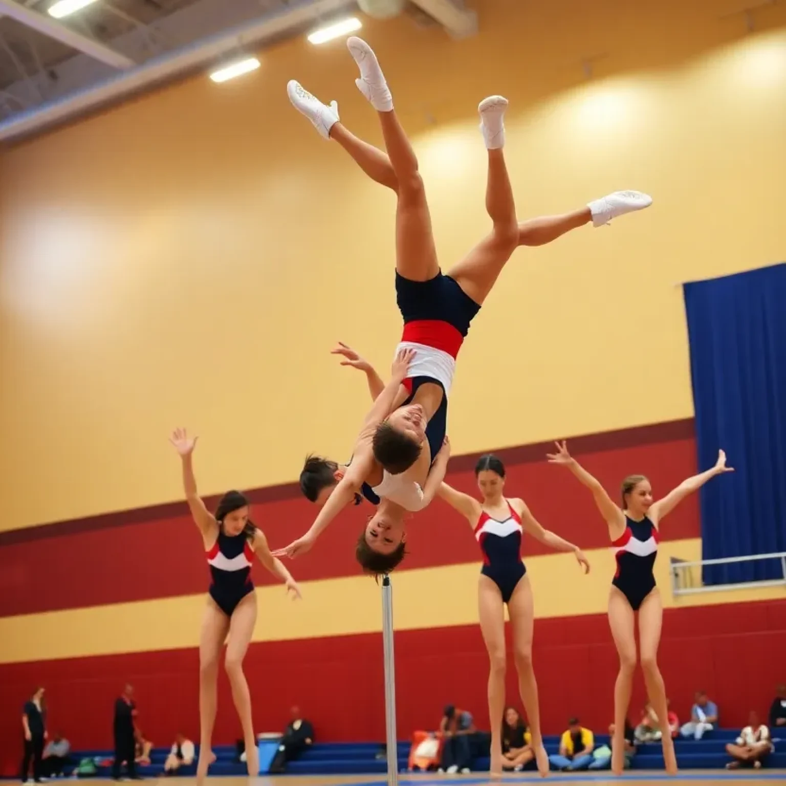 Morgan State Acrobatics and Tumbling team performing in gym