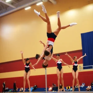 Morgan State Acrobatics and Tumbling team performing in gym