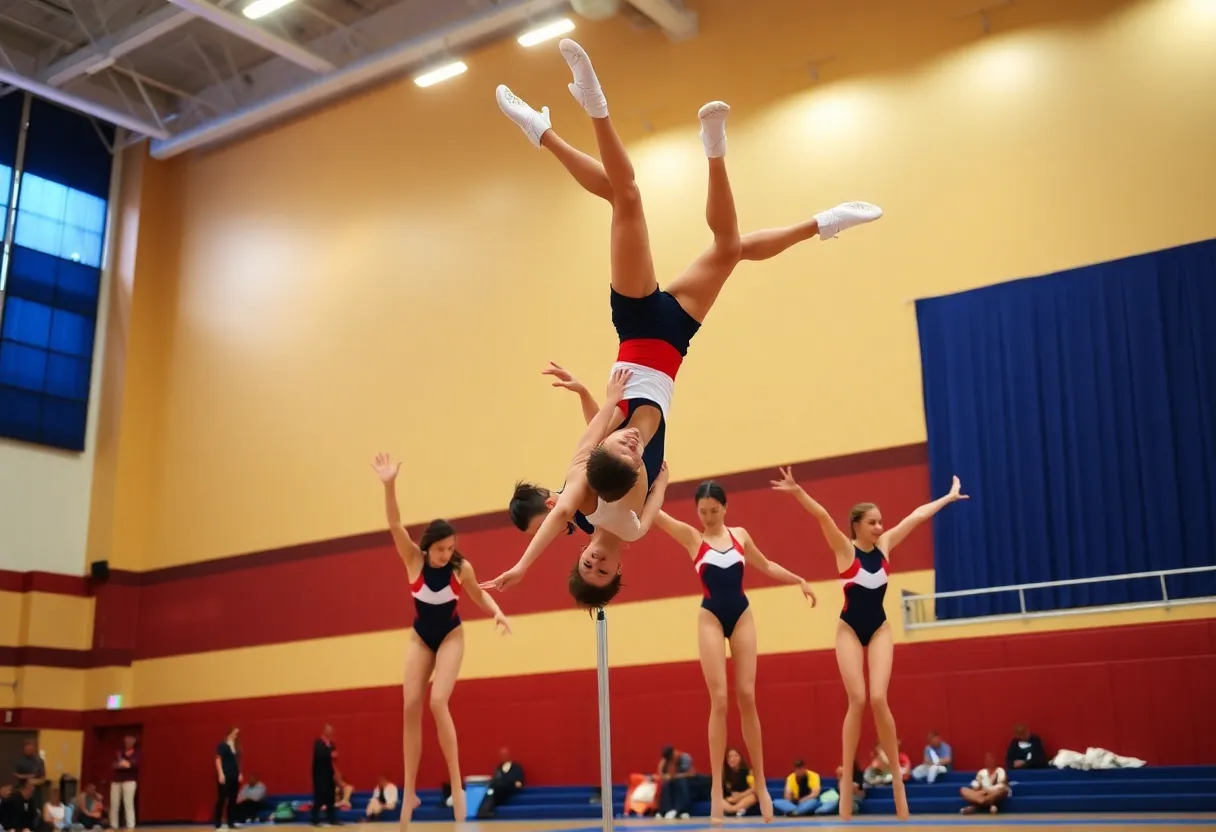 Morgan State Acrobatics and Tumbling team performing in gym