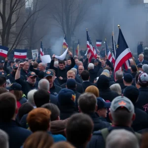 Crowd at a political rally with police presence