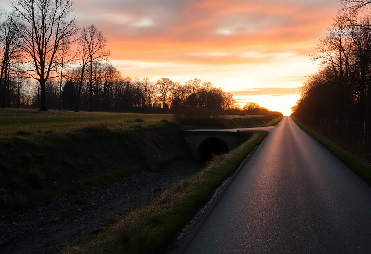 A rural road with a ditch and culvert without vehicles