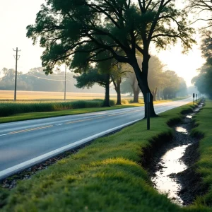 A quiet Savannah Grove Road in Florence County during early morning