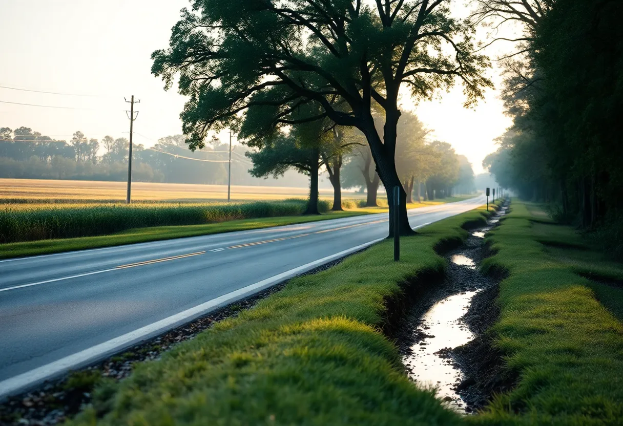 A quiet Savannah Grove Road in Florence County during early morning