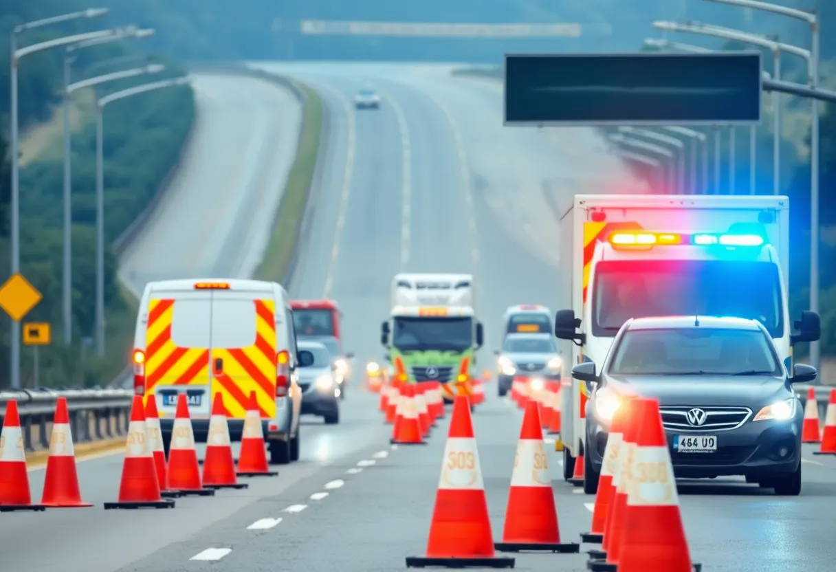 Emergency response vehicles at the scene of a school bus crash.