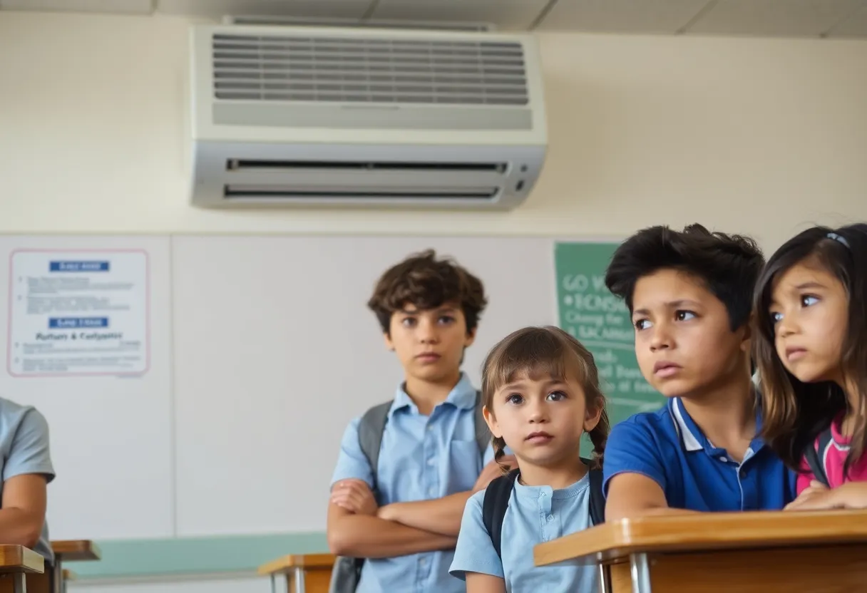 Students in a classroom looking concerned about health issues due to a foul odor.