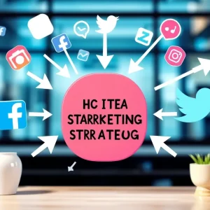 Illustration of social media icons connected to a digital marketing strategy board