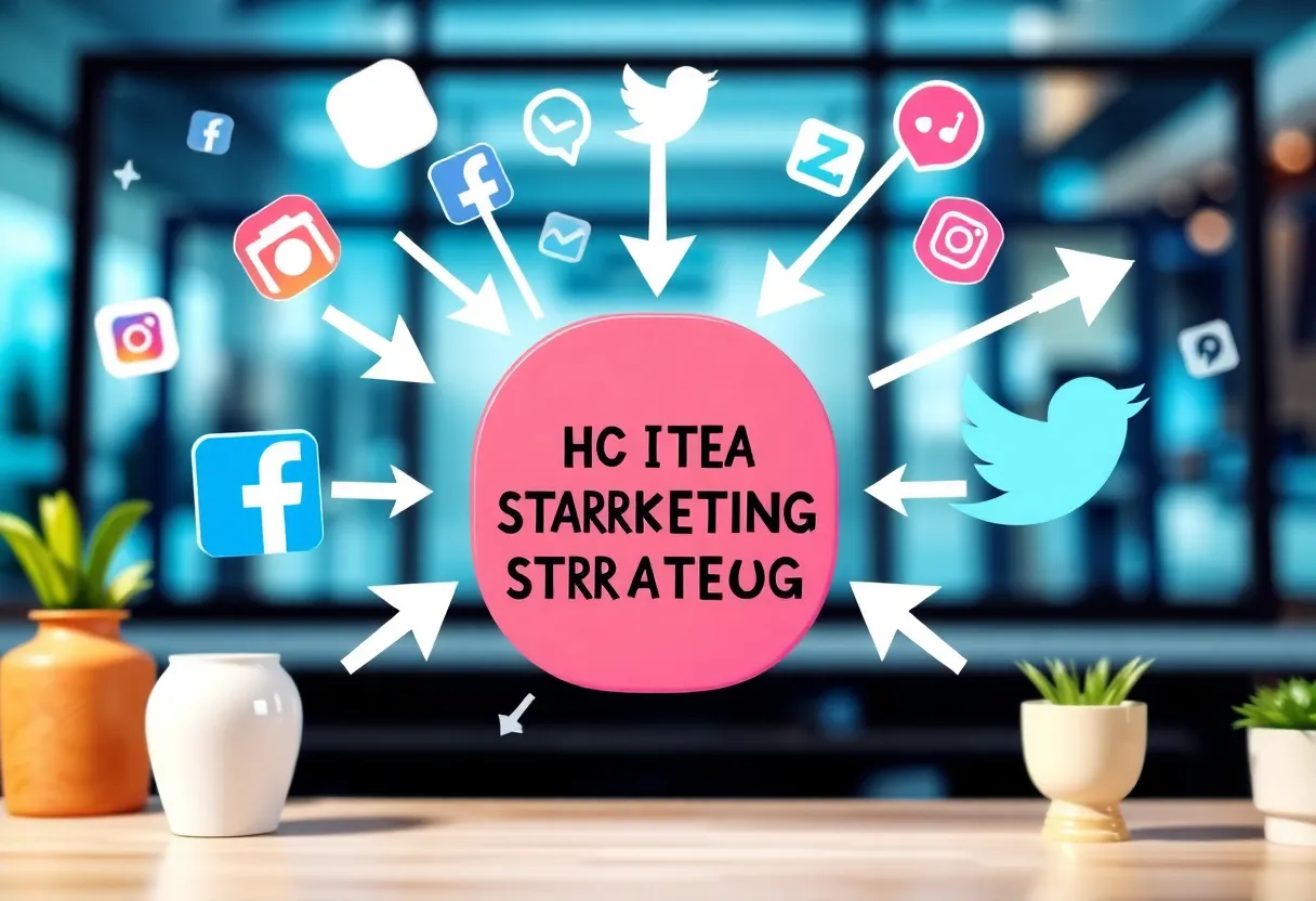 Illustration of social media icons connected to a digital marketing strategy board