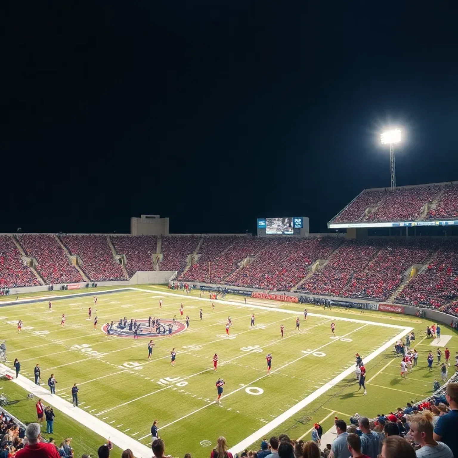 Players on a high school football field during a night game