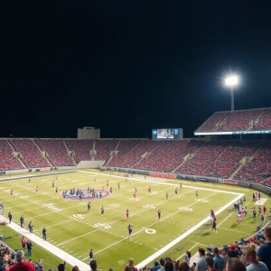 Players on a high school football field during a night game