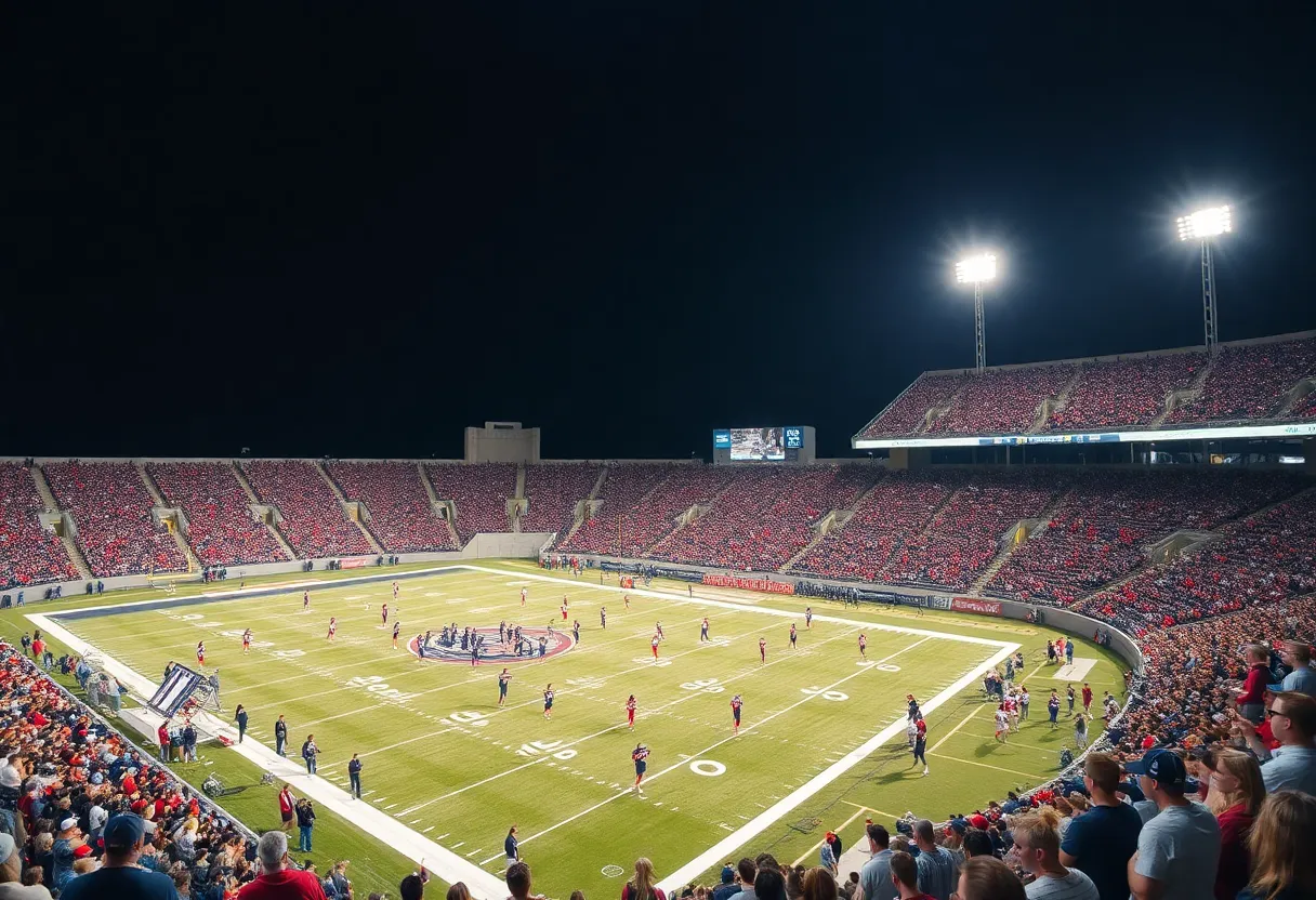 Players on a high school football field during a night game