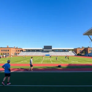 New track and field facility at South Florence High School with athletes training.