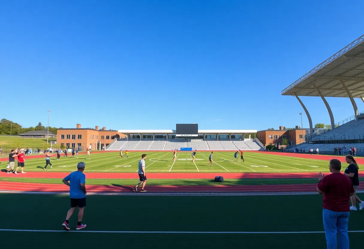 New track and field facility at South Florence High School with athletes training.