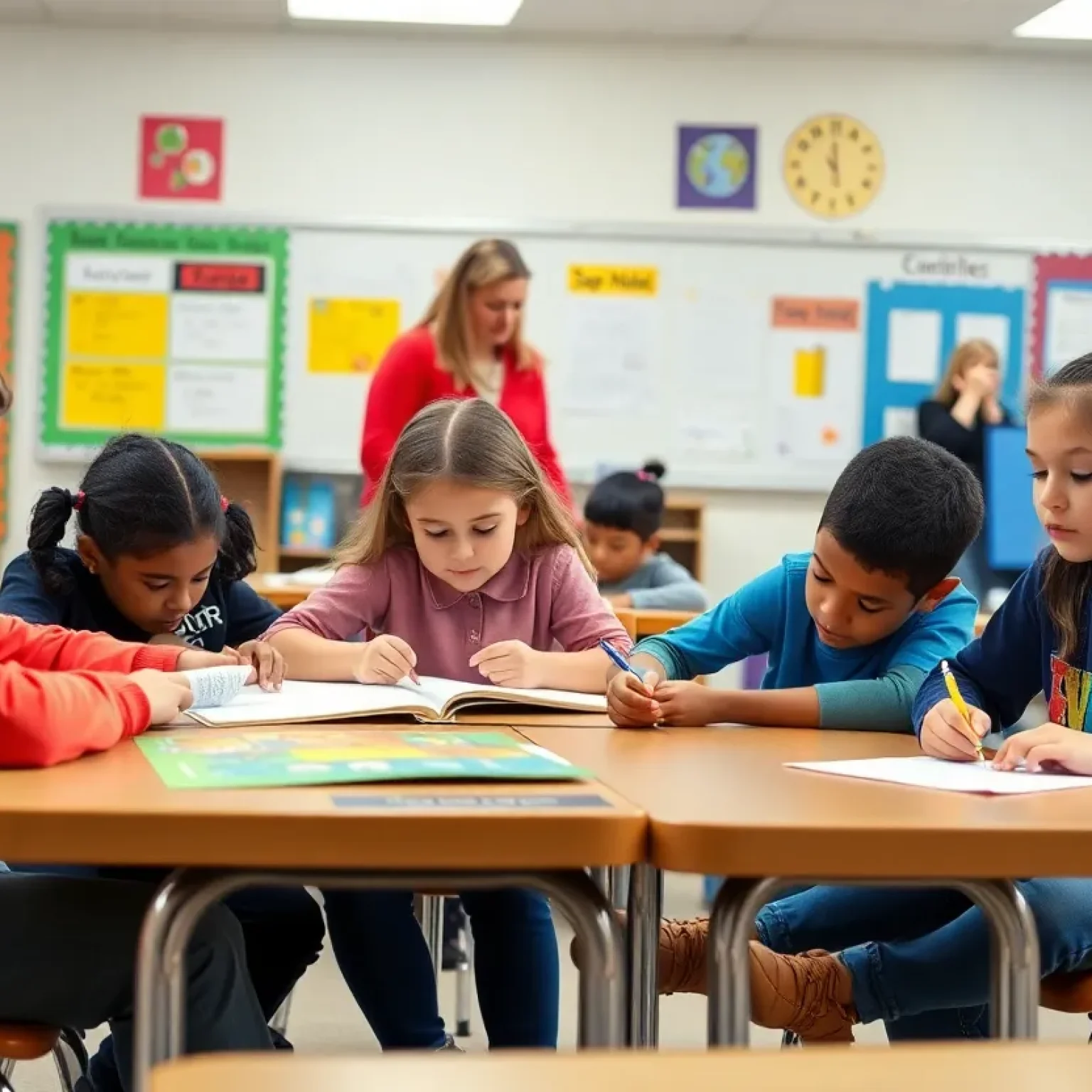 Third-grade students engaged in learning activities in a classroom.