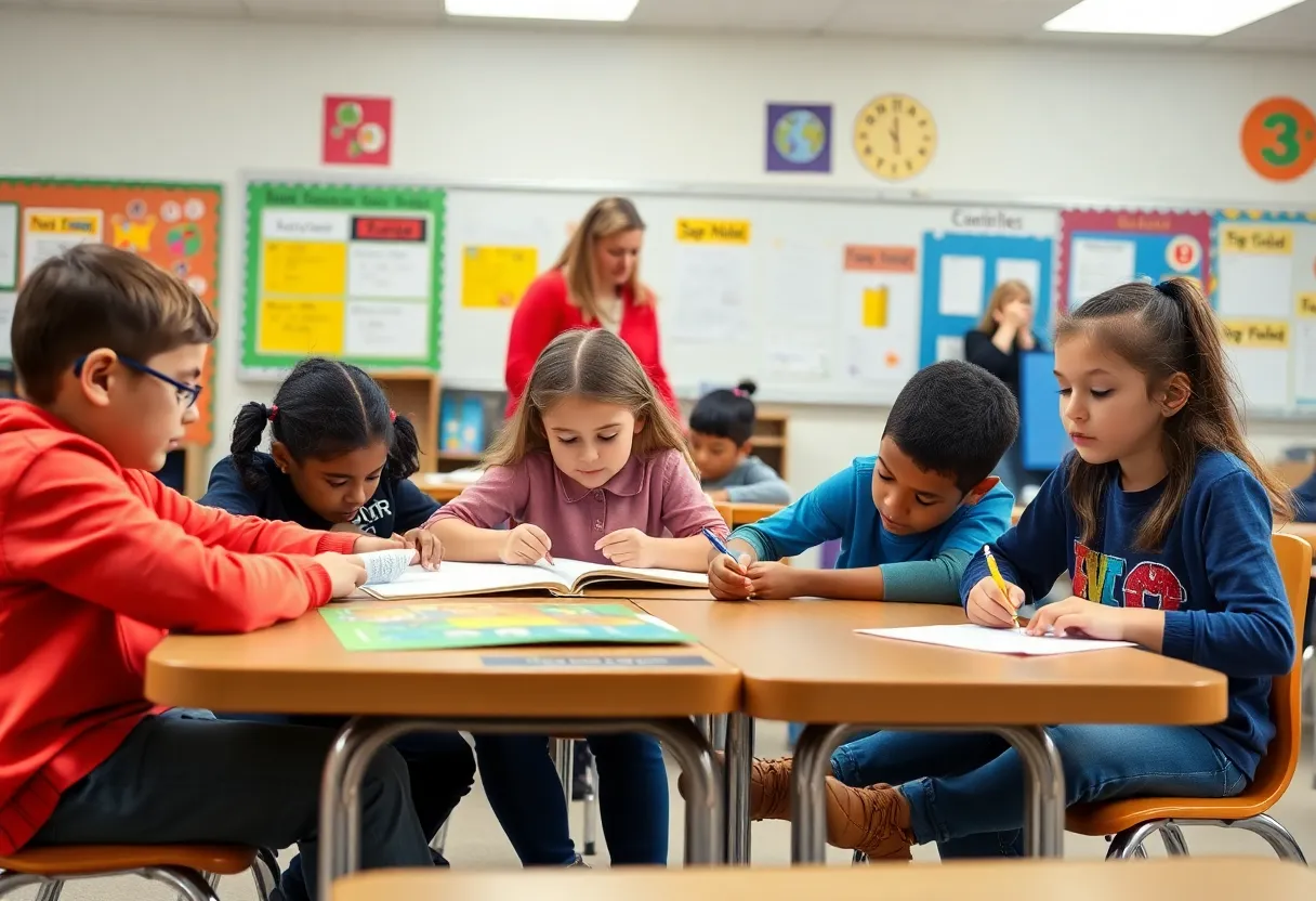 Third-grade students engaged in learning activities in a classroom.