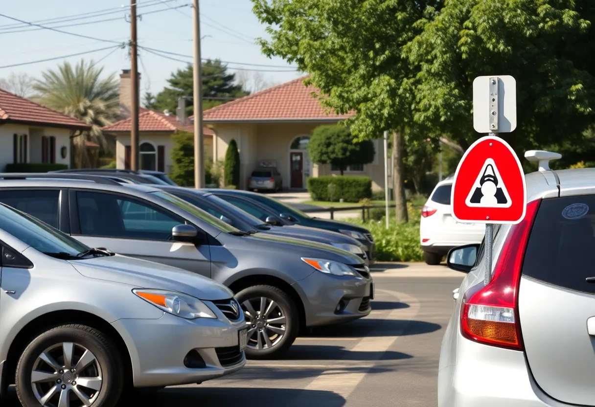 Parked cars in Tara Village with focus on security measures