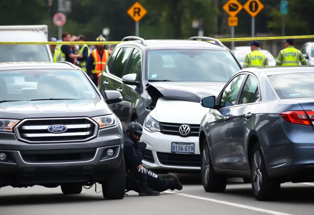 Accident scene involving Ford pickup, Volkswagen sedan, and Toyota sedan in Florence County