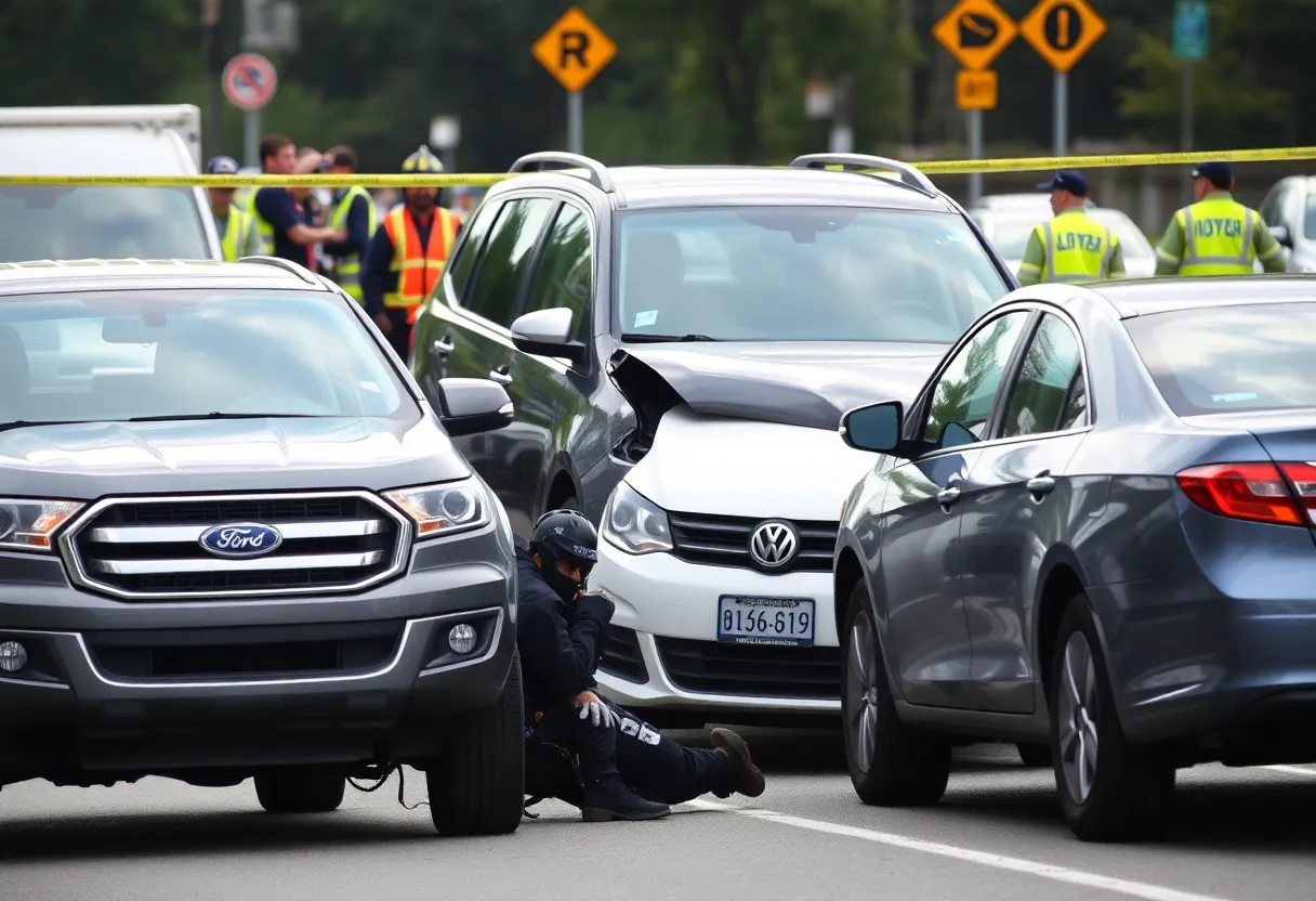 Accident scene involving Ford pickup, Volkswagen sedan, and Toyota sedan in Florence County
