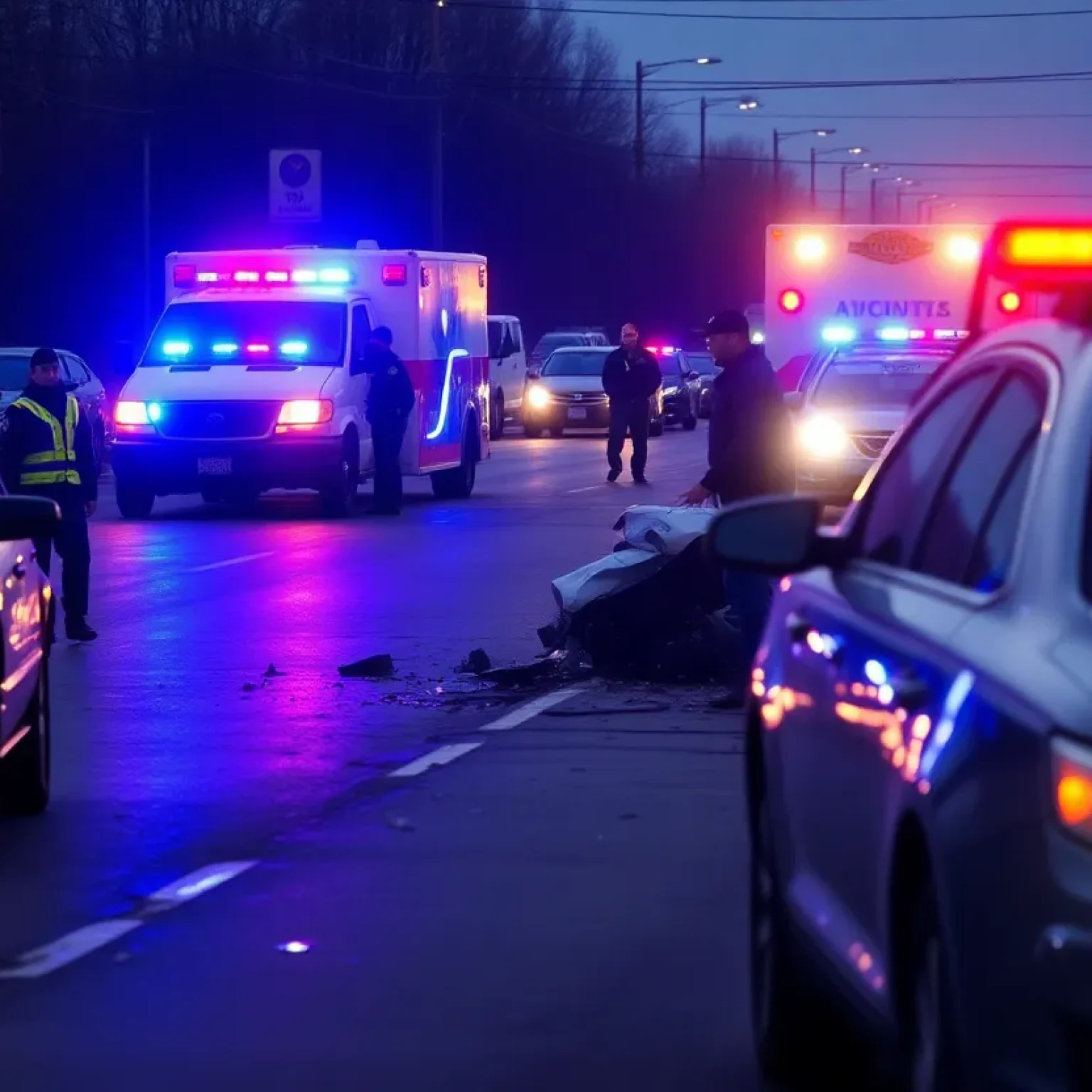 Traffic accident scene with police vehicles and community members showing support.