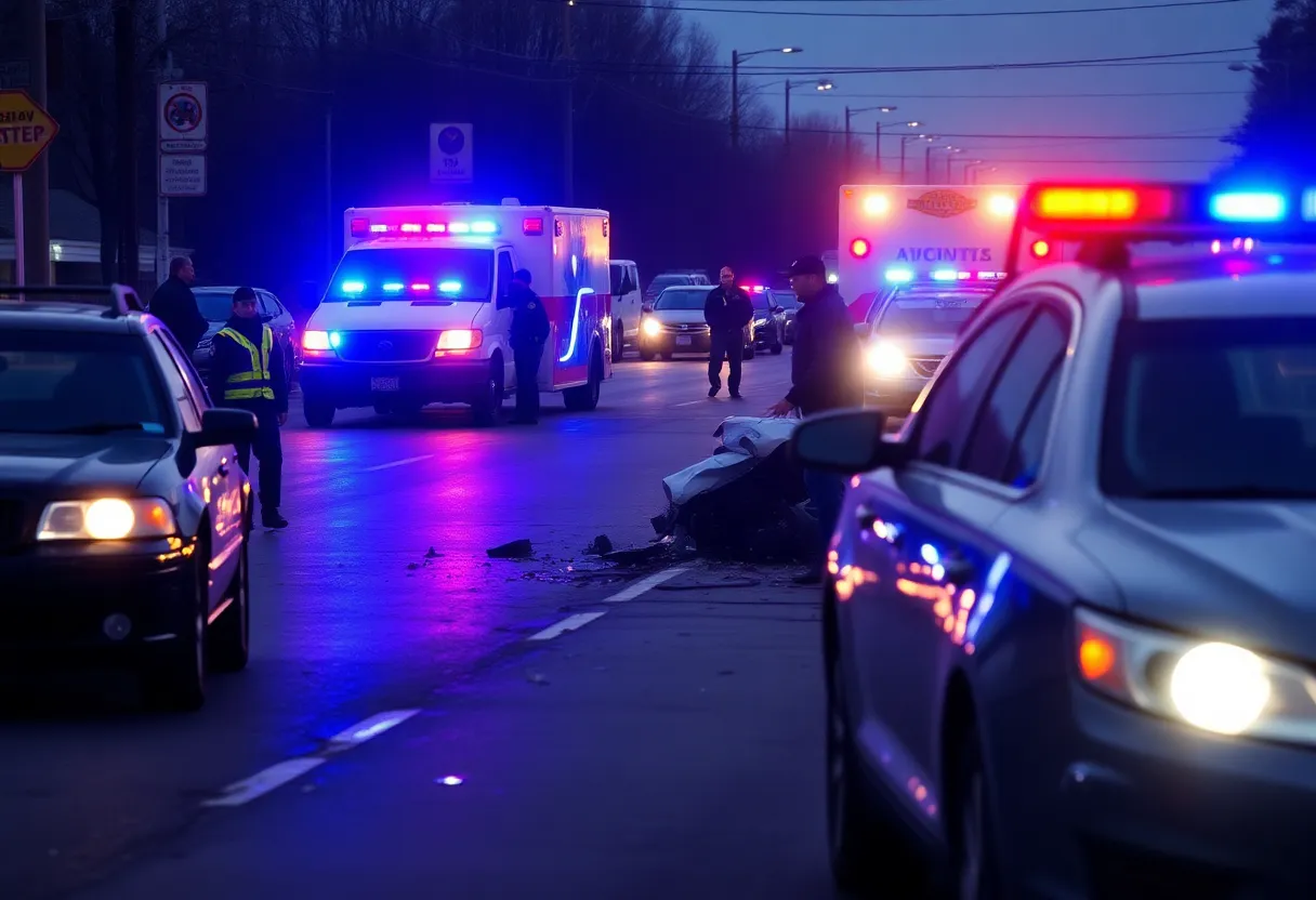 Traffic accident scene with police vehicles and community members showing support.