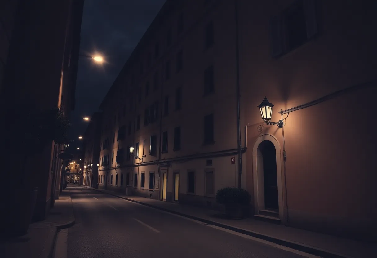 Darkened street outside an apartment in Florence highlighting community concerns about violence.