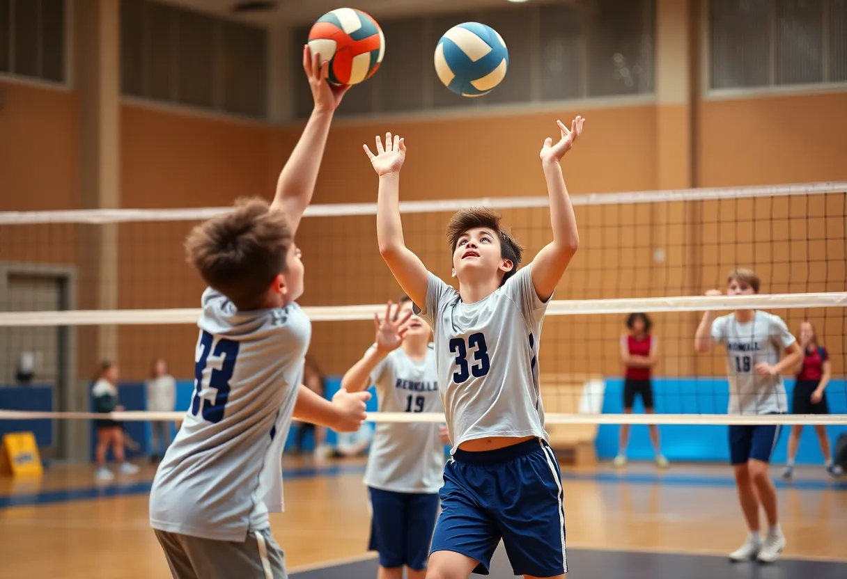 Boys volleyball players from West Florence competing during a match.