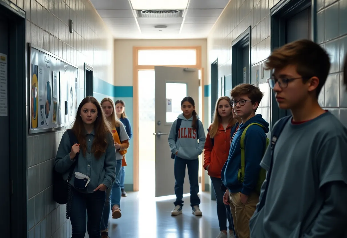 Hallway of West Florence High School with concerned students
