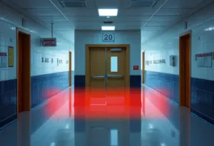 Interior of West Florence High School hallway with closed doors and warning signs.