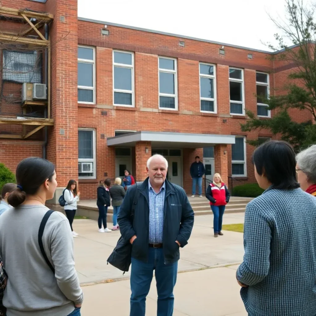 West Florence High School exterior with students and parents discussing.