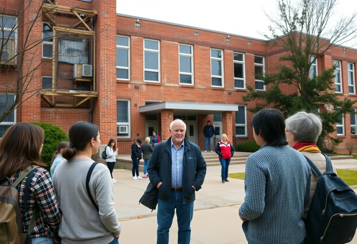 West Florence High School exterior with students and parents discussing.
