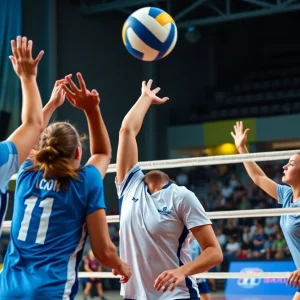 Players from West Florence Knights and Wilson competing in a volleyball match.