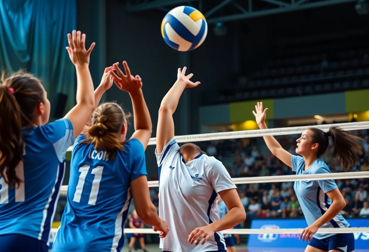 Players from West Florence Knights and Wilson competing in a volleyball match.