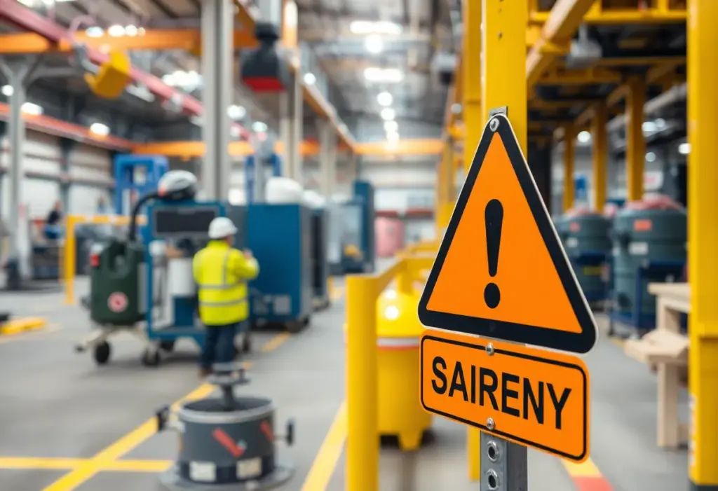 Sign emphasizing workplace safety with safety equipment in view