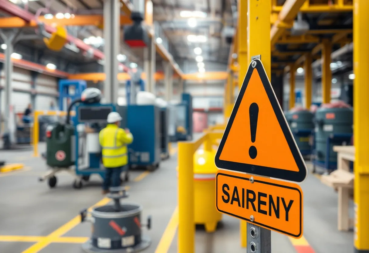 Sign emphasizing workplace safety with safety equipment in view